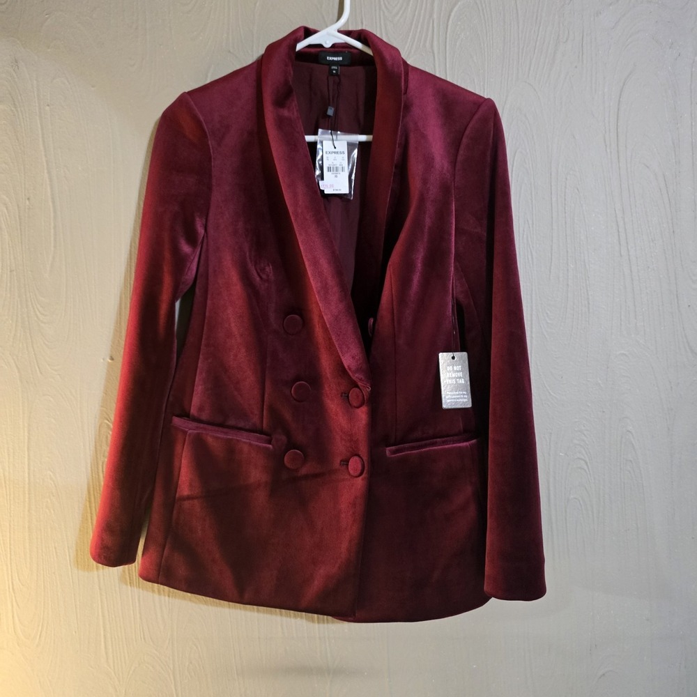 NEW EXPRESS $198 RUBY VELVET SHAWL COLLAR DOUBLE BREASTED BLAZER SZ XS